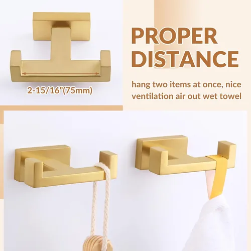 Miniatura 3 de APLusee Paquete de 2 ganchos dobles para toallas de baño, soporte cuadrado de doble capa de acero inoxidable sólido, moderno para baño y cocina, Oro