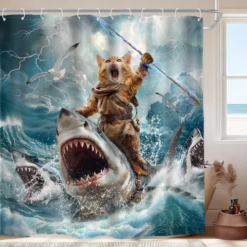 Miniatura 20 de Divertida cortina de ducha con diseño de gato de surf, tiburón, divertida, náutico, océano, océano, mar, ondas, animales, novedad, 72 pulgadas