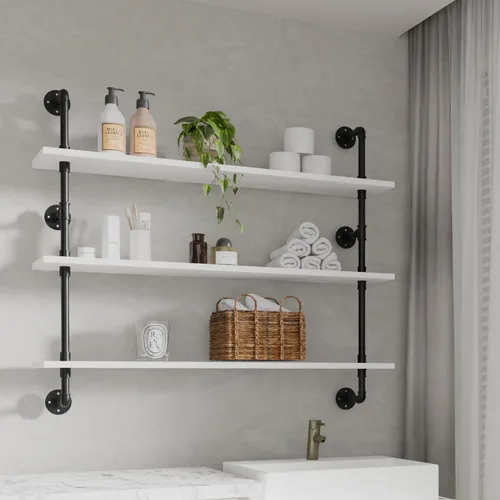 Miniatura 7 de HDDFER - Estantería industrial para tuberías rústicas en blanco, estantes de pared de tubería industrial con tablas de madera, estantes flotantes