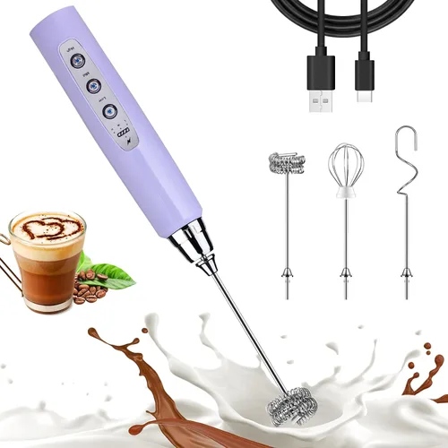 Miniatura 7 de Nahida Espumador de leche verde granito para café, espumador de mano recargable batidor eléctrico con 3 cabezales, 3 velocidades, mezclador