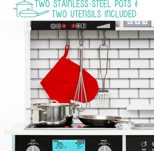 Miniatura 4 de Lil' Jumbl Juego de cocina pequeño blanco para niños, cocina de madera de simulación, incluye campana extractora, microondas, estufa, horno que hace