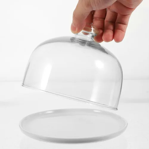 Miniatura 8 de Zerodeko Cúpula de cristal transparente de 6 pulgadas con bandeja de base de cerámica, mango de campana de cloche, vitrinas, vitrinas, centro