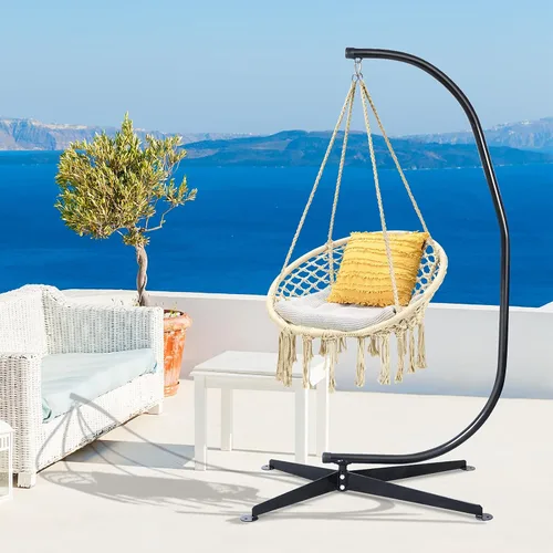 Miniatura 7 de Giantex Hamaca Swing Silla con soporte, cuerda de algodón tejida a mano con soporte de acero sólido resistente C, hamaca colgante al aire libre