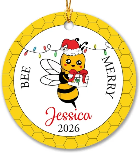 Adorno de Navidad 2026 con texto en inglés "Bee Merry Christmas", adornos personalizados de Navidad de abejas 2026, decoración colgante de árbol de