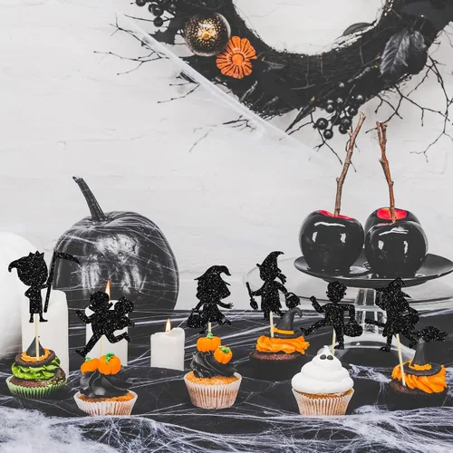 Miniatura 4 de Gyufise 24 adornos de Halloween para cupcakes con purpurina negra para dulce o truco de Halloween, decoraciones para baby shower, niños y niñas