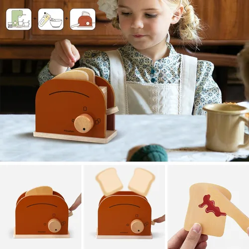 Miniatura 4 de Pillowhale Paquete de juego de café de madera 3 en 1 – Juego de simulación de cafetera, batidora manual y tostador emergente con accesorios