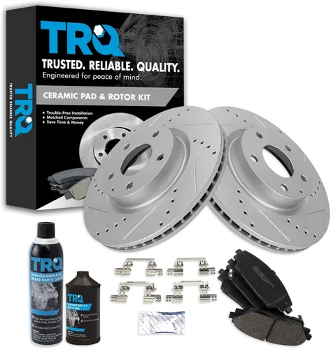 TRQ Kit de pastillas de freno y rotor de rendimiento delantero, kit químico de freno, pastillas de freno, rotores de freno de cerámica, ventilado,