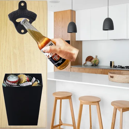 Miniatura 4 de Abridor de botellas de hierro fundido negro montado en la pared, abrebotellas de cerveza con receptor de tapa estrecho (3 abridores y 1 cubo)