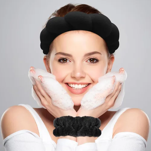 Miniatura 2 de Zkptops Diadema de Spa para Lavar la Cara Muñequera Esponja Maquillaje Cuidado de la Piel Diadema de Tela de Rizo Burbuja Suave Prepárate Diadema