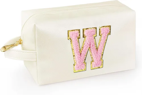 Miniatura 48 de Bolsa de maquillaje personalizada con inicial con asa, bolsa de cosméticos de preparación con bolsillo interior con cremallera, 8, 9, 10, 11, 12