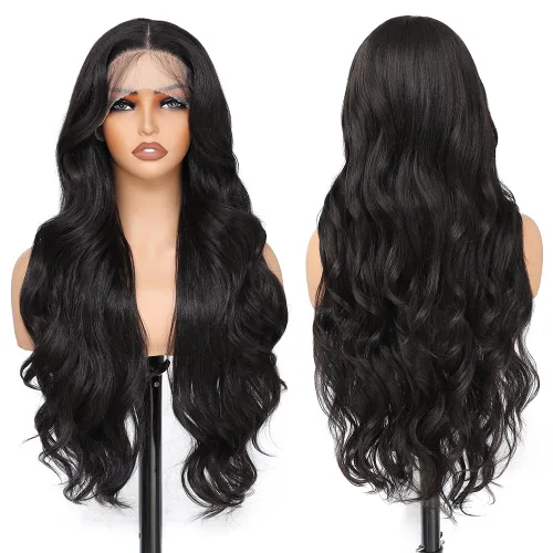X-TRESS Pelucas sintéticas de encaje frontal negro para mujeres, 28 pulgadas para usar y llevar, sin pegamento, raya en medio, peluca de encaje