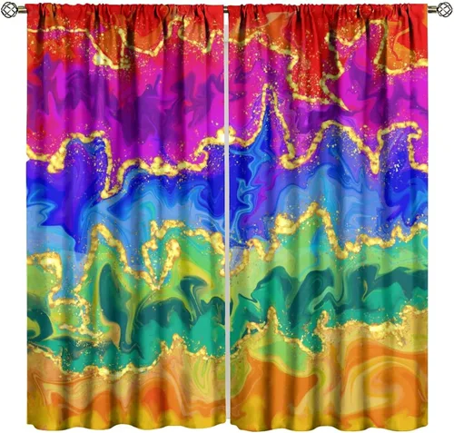 Miniatura 32 de Cortinas opacas abstractas de arco iris, pintura de color arcoíris con gotas, diseño gráfico creativo con bolsillo para barra, para sala de estar