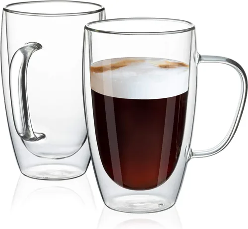 MEWAY Paquete de 2 tazas de café de 16 onzas, taza de doble pared de vidrio transparente grueso con asa para café, té, café con leche, capuchino (16