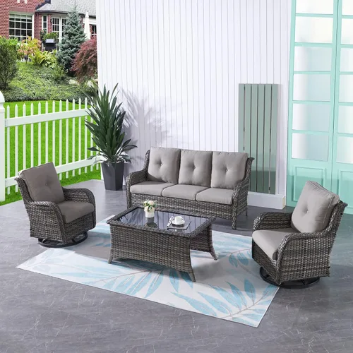 Miniatura 65 de HUMMUH Sillas Mecedoras Giratorias de Mimbre para Patio Exterior con Respaldo Alto, Sillas Deslizantes de Ratán PE, Juego de Muebles de Patio de 4
