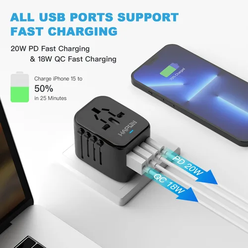 Miniatura 3 de HAPOW Adaptador de Viaje Universal, Adaptador de Corriente Internacional PD20W, 2 USB-C y 2 USB-A Cargador de Viaje de Carga Rápida, Adaptador