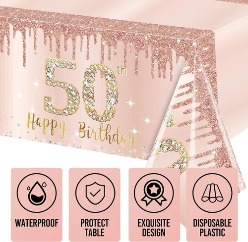 Miniatura 3 de Excelloon Paquete de 3 Manteles de Cumpleaños 50, Mantel de Cumpleaños Feliz de Rosa Púrpura y Oro Rosa, Mantel Desechable de Plástico Rectangular
