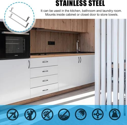 Miniatura 5 de Toallero de acero inoxidable para colocar sobre la puerta, 2 piezas, soporte para toallas de baño, utensilios de cocina y más, resistente al óxido