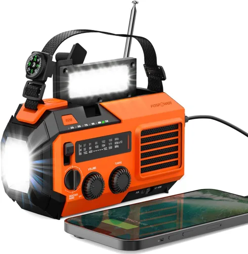 Miniatura 10 de FosPower NOAA Radio meteorológica de emergencia A1 7400 mWh, banco de energía portátil, AM/FM, USB/solar/carga de manivela, funciona