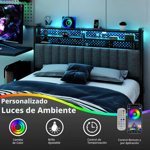 Miniatura 8 de VINGLI Cabecera LED Queen con 3 estantes de almacenamiento y estación de carga, moderna cabecera tapizada con luces RGB, puertos USB y toma de Lino