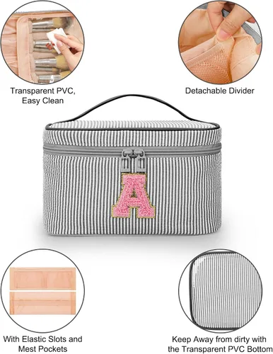 Miniatura 4 de Juego de bolsas de maquillaje con iniciales para niñas y mujeres, bolsa de cosméticos con monograma con soporte para cepillos, estuche de maquillaje