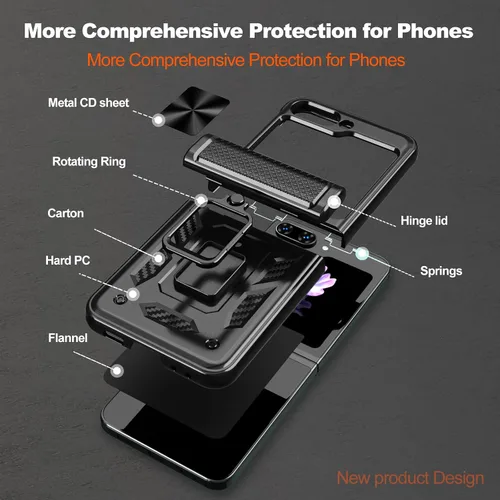 Miniatura 4 de Funda para Samsung Galaxy Z Flip 5 5G con protección de bisagra, cubierta de cámara deslizante resistente militar para caídas, soporte magnético