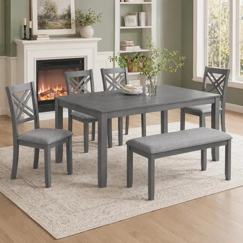 Miniatura 14 de Juego de mesa de comedor de 6 piezas para 4-6 personas, juego de cocina con 4 sillas tapizadas y un banco, sillas de sala de estar con respaldo