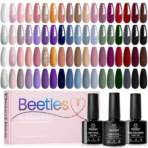 Beetles - Juego de esmaltes de uñas de gel de 36 colores, color borgoña, rojo, azul, verde, marrón, dorado, rosa con purpurina y capa base y capa