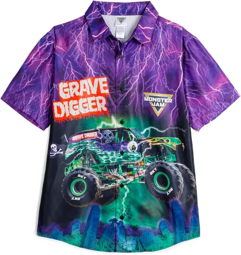 Monster Jam Camisa hawaiana abotonada para toda la familia, diseño Grave Digger, desde niños pequeños hasta adultos