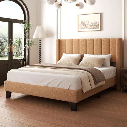Miniatura 15 de Marco de Cama Queen con Cabecero Tapizado Marco de Cama de Plataforma con Cabecero de Terciopelo Teddy, Soporte de Listones de Madera/Diseño de Gris