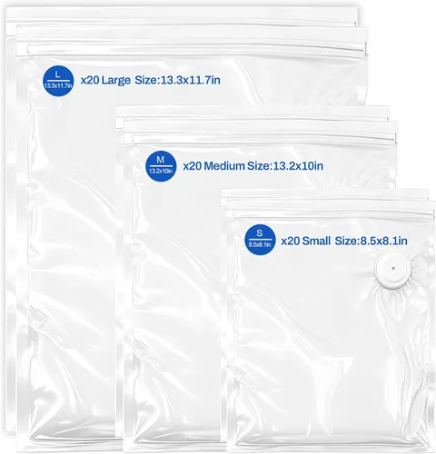 RAIN SPIRIT Bolsas selladoras al vacío reutilizables para alimentos, 60 paquetes (20 L, 20 millones y 20 M), bolsas de almacenamiento de alimentos