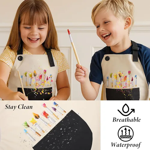 Miniatura 6 de Paquete de 2 delantales de artista para pintar, delantal ajustable impermeable de jardinería, lindo delantal de pintura para niños y niñas