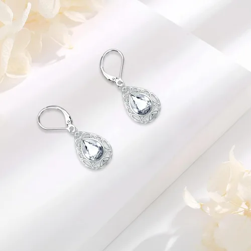 Miniatura 319 de Aretes colgantes de plata de ley con diseño de árbol de la vida, flor, abeja, animales, gato, colibrí, piedra lunar, turquesa, aretes con cierre