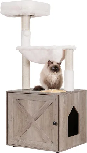 Miniatura 9 de Hey-brother Árbol para gatos con caja de arena, torre para gatos todo en uno para gatos de interior con hamaca grande, cama, estación de alimentos