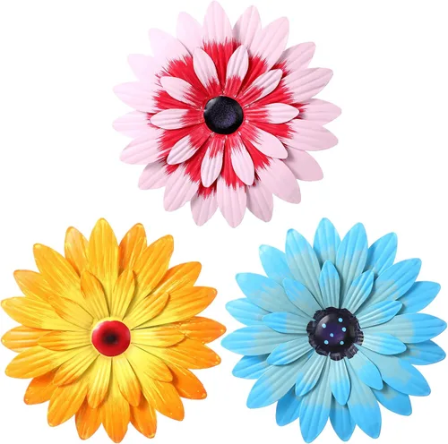 Miniatura 10 de Hotop 3 piezas de arte de pared de metal con diseño de margaritas de metal 3D, flores colgantes de múltiples capas, decoración rústica
