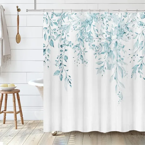Miniatura 2 de Tititex Spun Sugar - Juego de cortinas de ducha de eucalipto azul claro, hojas de acuarela brillantes en la parte superior, decoración floral