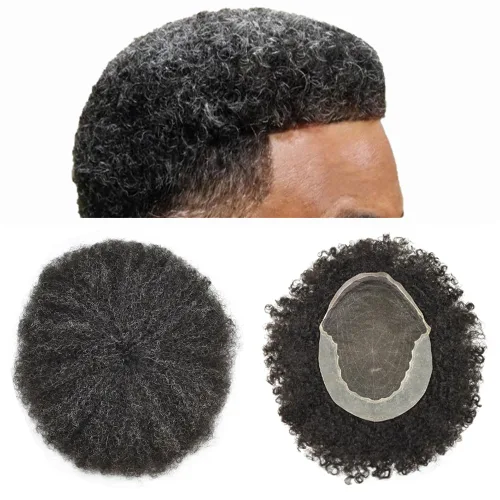 Miniatura 13 de Afro Toupee para hombres negros, encaje frontal brasileño humano brasileño para hombre, sistema de reemplazo de tupé, cabello rizado afro