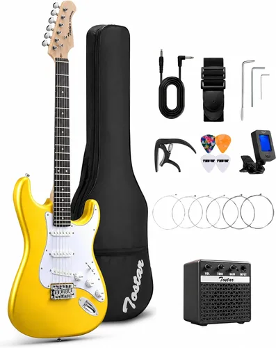 Miniatura 29 de Tostar Kit de guitarra eléctrica con amplificador, 39 pulgadas, tamaño completo, 6 cuerdas, ligero, diseño de cuerpo redondeado, interruptor