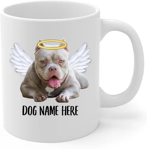 Taza de café conmemorativa de alas de ángel americano con nombre personalizado, regalos de condolencias para los amantes de los perros, taza blanca
