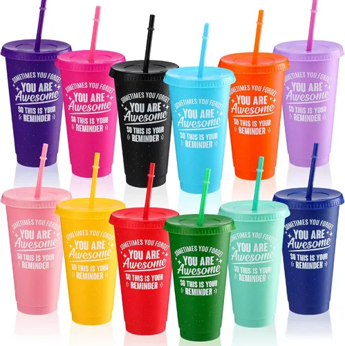 Miniatura 8 de Inbagi Paquete de 24 vasos de plástico de 24 onzas con tapas y pajita, regalo de la semana de la CNA, con texto en inglés "Thank You Are Awome