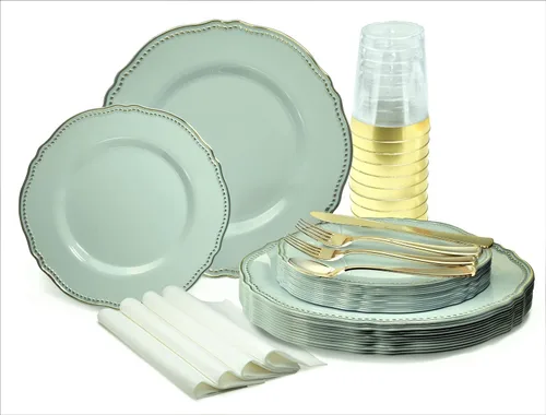 Miniatura 8 de OCCASIONS" Paquete de 50 platos (25 invitados) - Juego de platos de plástico desechables resistentes para fiestas de boda - 25 x 10.25'' para cena