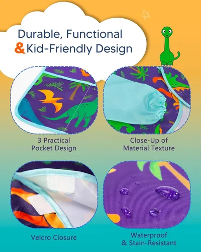 Miniatura 4 de Oiomniv Delantal de Arte para Niños – Delantal de Pintura de Manga Larga Impermeable con 3 Bolsillos, Delantal Lavable para Niños Pequeños y Niños