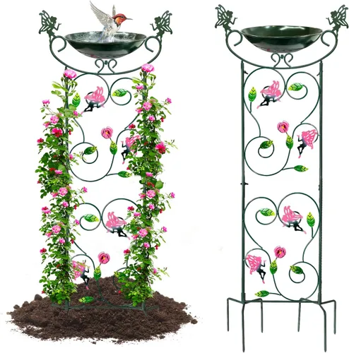 HONGLAND Baño de metal para pájaros de 36.5 pulgadas con enrejado, baño para pájaros de jardín al aire libre con cuenco desmontable y soporte para