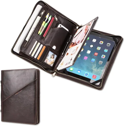 Miniatura 17 de Top Grain Leather - Padfolio de 8.3 pulgadas para hombres y mujeres, diseño vintage hecho a mano, organizador multifuncional de cartera de negocios
