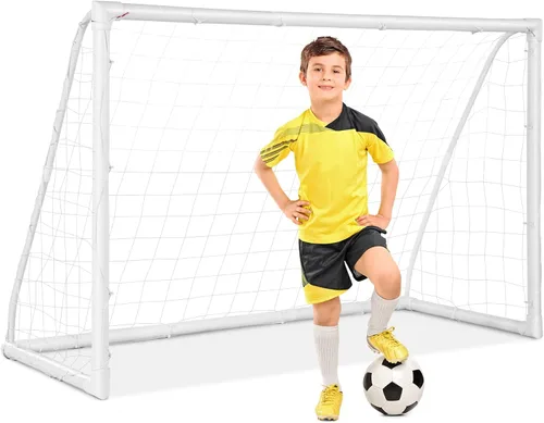 GYMAX Portería de fútbol, porterías de fútbol para patio trasero con red para todo tipo de clima, estaca de tierra y bridas de cremallera, marco de