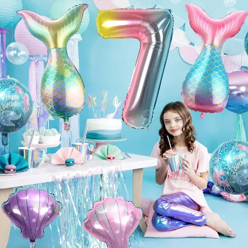 Miniatura 4 de Decoraciones de cumpleaños de sirena para la 7ª niña, kit de globos rosa y azul, globos de cola de mar para niñas, fiesta de sirena, baby shower