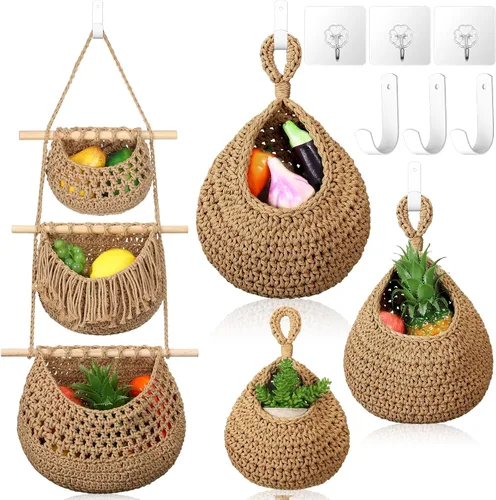 Windyun - 4 cestas pequeñas de frutas colgantes para cocina, organizador de pared compacto y bohemio con 1 cesta de tres niveles y 3 cestas de Marrón