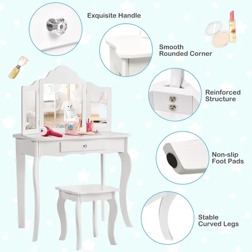 Miniatura 5 de HONEY JOY Juego de tocador para niños con espejo, mesa de tocador de madera 2 en 1 con taburete, espejo plegable y cajón, parte superior extraíble