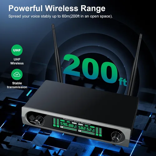 Miniatura 2 de Sistema de micrófono UHF inalámbrico, con 2 dispositivos de mano, escaneo automático, frecuencias UHF de 2 x 50, rango de 200 pies, micrófono