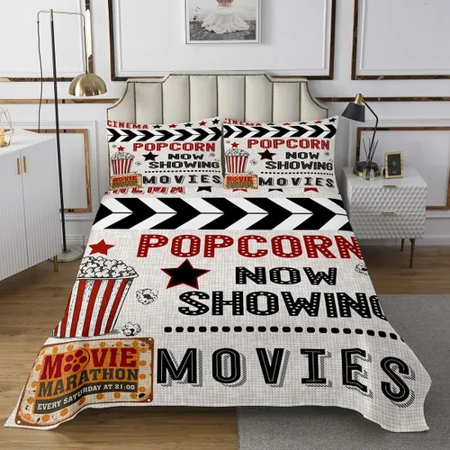 Miniatura 24 de Homewish Theater Cinema Poster Quilt Sets Twin Size,Retro Movie Bedspread Coverlet 2Pcs for Kids Girls Boys Room Decor,Popcorn Quilts Set Movie