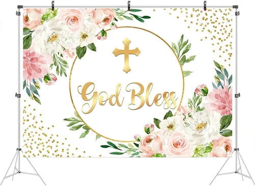 Miniatura 2 de Ticuenicoa Telón de fondo de bautismo de 5 x 3 pies para niña, fondo de primera comunión, rosa y dorado, Dios bendiga la espalda, decoración
